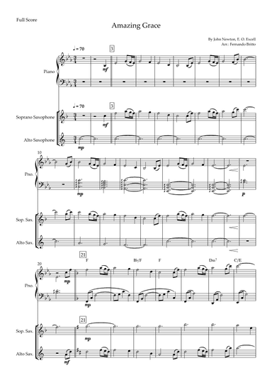 Amazing Grace for Soprano Saxophone & Alto Saxophone Duo and Piano Accompaniment with Chords (arr. Fernando Britto)