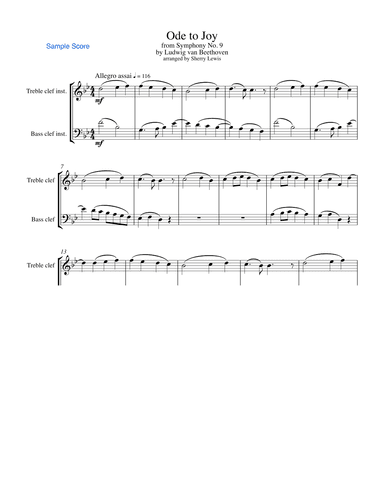 ODE TO JOY, Beethoven, Duo for String Duo, Woodwind Duo, any combination of a treble clef instrument (arr. Sherry Lewis)