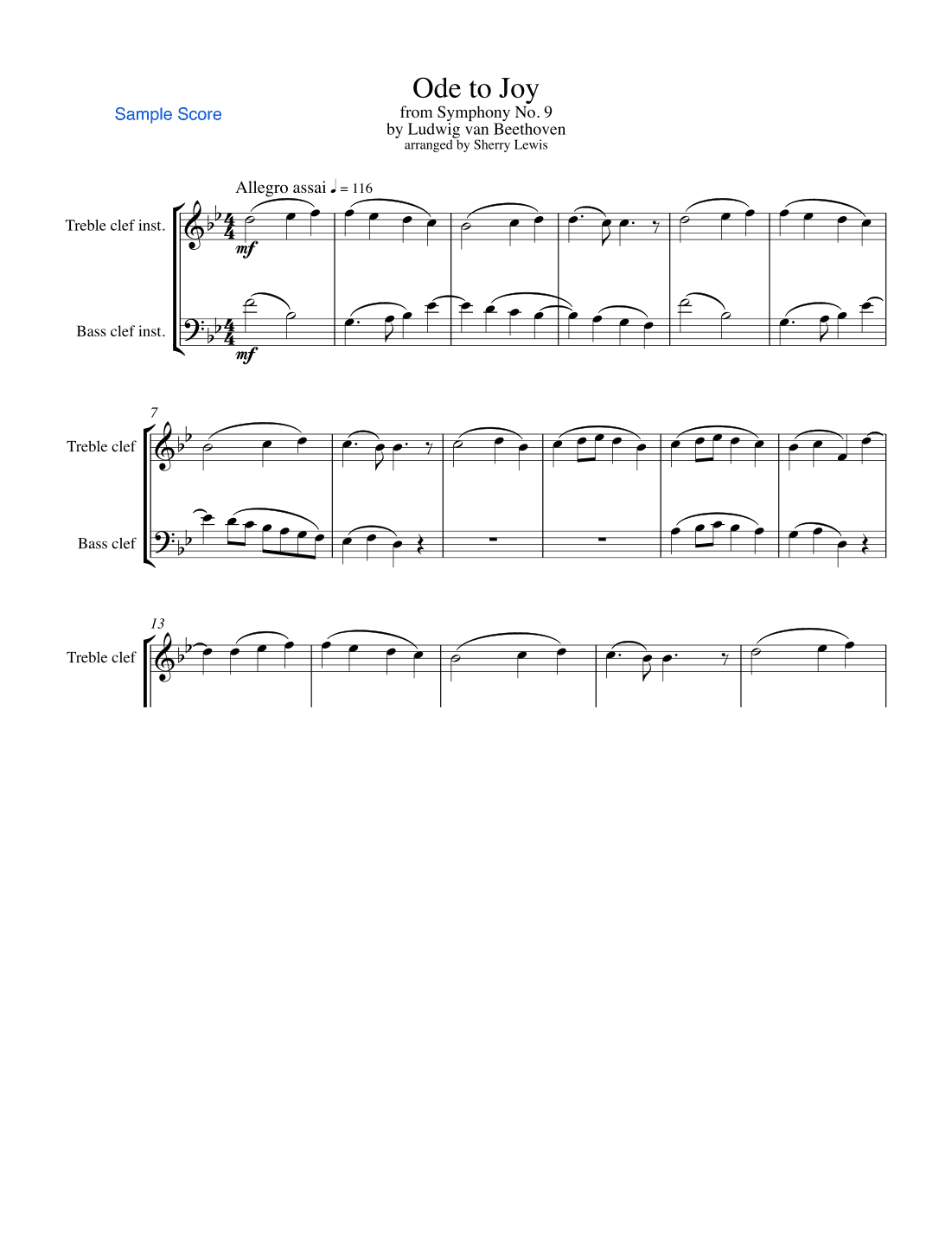 ODE TO JOY, Beethoven, Duo for String Duo, Woodwind Duo, any combination of a treble clef instrument (arr. Sherry Lewis)