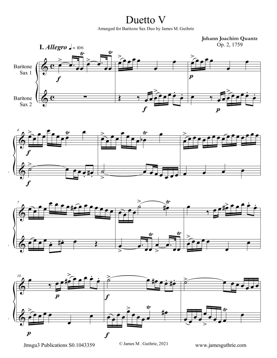 Quantz: Duetto Op. 2 No. 5 for Baritone Sax Duo (arr. James M. Guthrie)