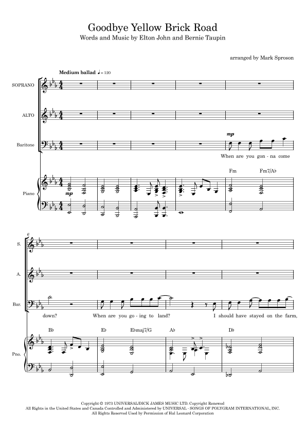Goodbye Yellow Brick Road (arr. Mark Sproson)