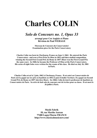 Charles COLIN Solo de Concours no. 1, Opus 33 , arranged for english horn and piano (arr. Paul Wehage)