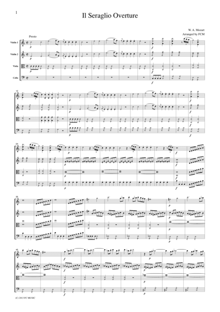 Mozart Il Seraglio Overture, for string quartet, CM028 (arr. FCMUSIC)