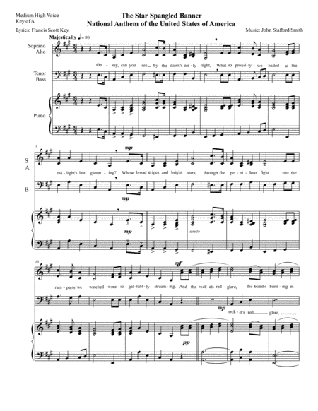 National Anthem: The Star Spangled Banner US National Anthem - Easy 3 part SAB Chorus arrangement in (arr. Sylvia Chapa)