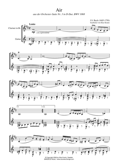 Air (on the G string) BWV 1068 for clarinet in Bb and guitar (arr. K. Krantz)