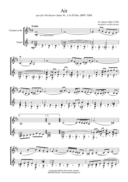 Air (on the G string) BWV 1068 for clarinet in Bb and guitar (arr. K. Krantz)