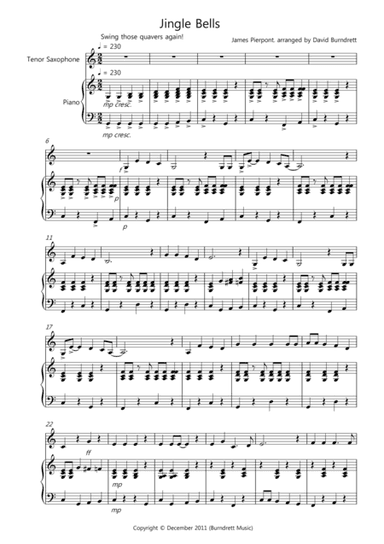 Jingle Bells (Jazzy Style!) for Tenor Saxophone and Piano (arr. David Burndrett)