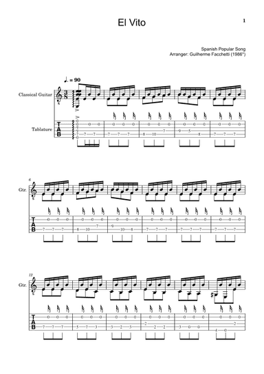 Spanish Popular Song - El Vito. Arrangement for Classical Guitar. Complete Score and Tablature. (arr. Guilherme Facchetti)