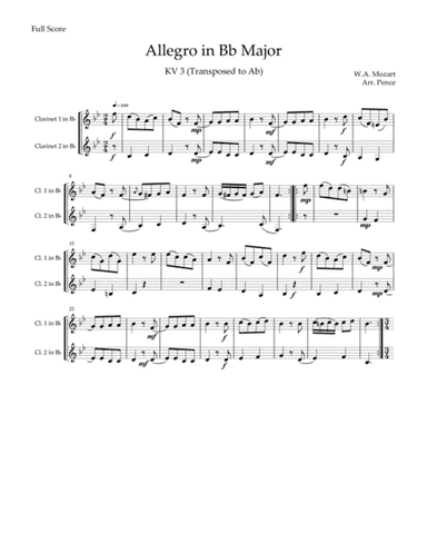 Three MORE Mozart Duets for Clarinet (KV3, 4 and 6) (arr. Chris Pence)