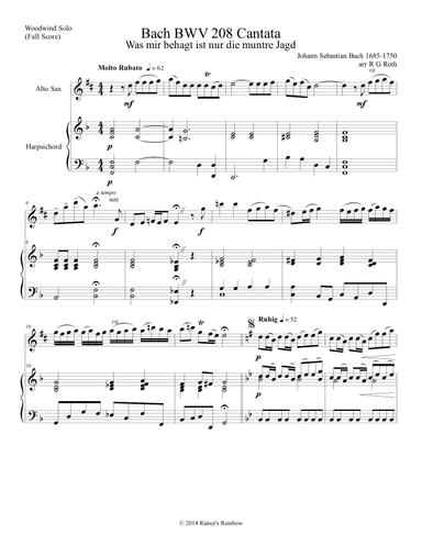 Bach BWV 208 Aria May Sheep Safely Graze Alto Sax Solo Parts and Score (arr. R G Roth)
