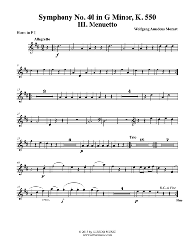Mozart Symphony No. 40, Movement III - Horn in F 1 (Transposed Part), K. 550 (arr. Doug Clyde)