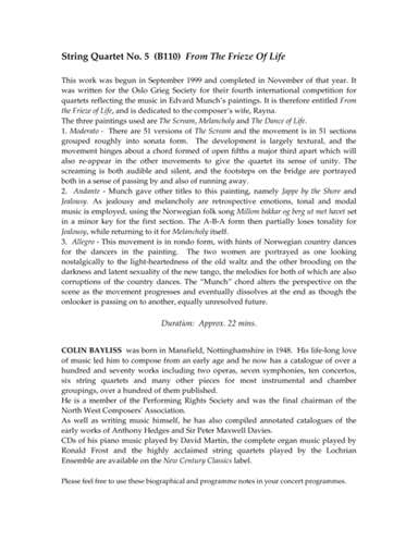 String Quartet No. 5  From The Frieze Of Life (score and parts)