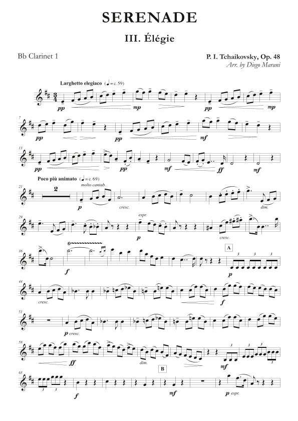 "Elegie" from Serenade Op. 48 for Clarinet Quartet (arr. Diego Marani)
