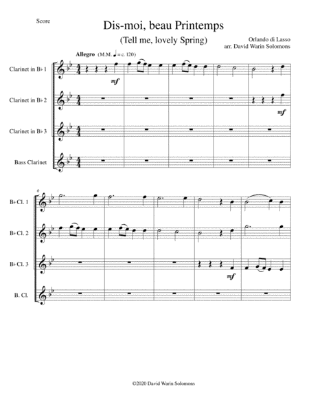 Dis-moi, beau printemps (Tell me, lovely Spring) for clarinet quartet (arr. David Warin Solomons)