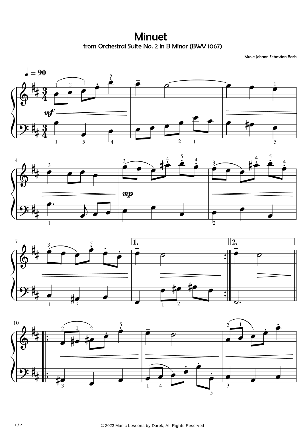 Minuet (EASY PIANO) from Orchestral Suite No. 2 in B Minor (BWV 1067) [Johann Sebastian Bach] (arr. Darek)