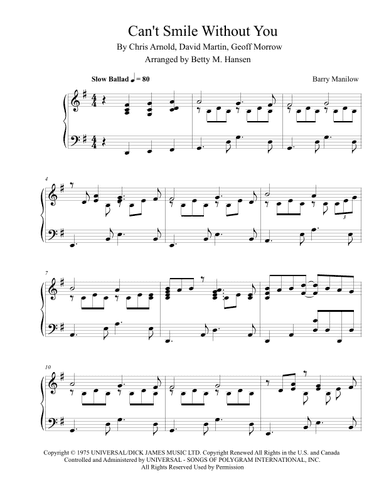 Can't Smile Without You (arr. Betty M. Hansen)