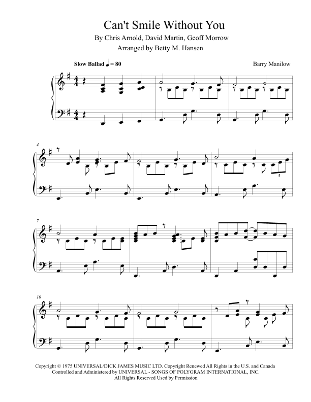 Can't Smile Without You (arr. Betty M. Hansen)