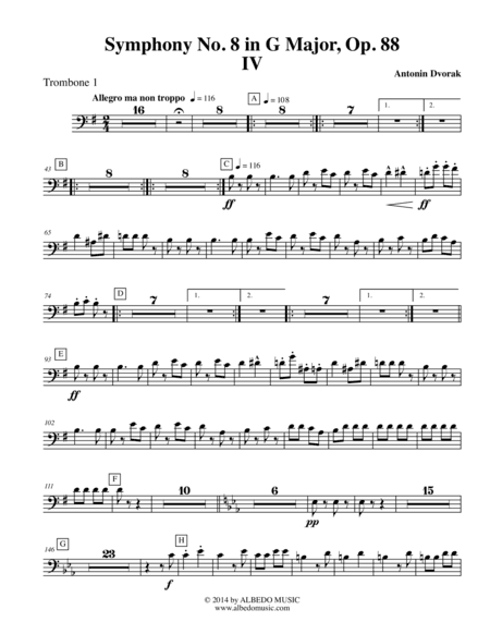 Dvorak Symphony No. 8, Movement IV - Trombone in Bass Clef 1 (Transposed Part), Op. 88 (arr. Doug Clyde)