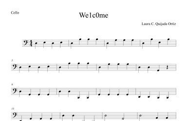We1c0me. Beginning string orchestra. Open strings and first finger. CELLO PART.