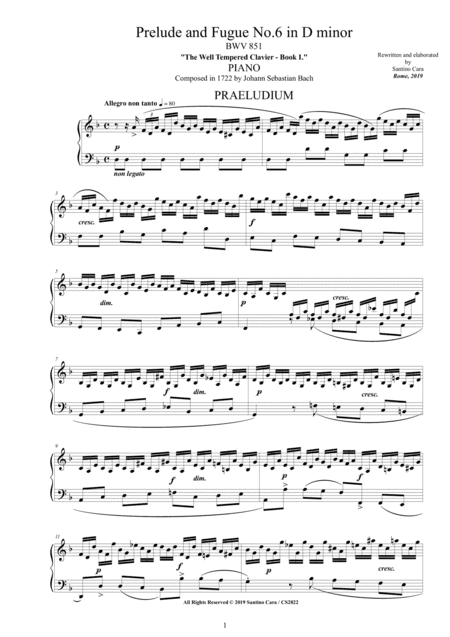Bach - Prelude and Fugue No.6 in D minor BWV 851 for Piano (arr. Santino Cara)