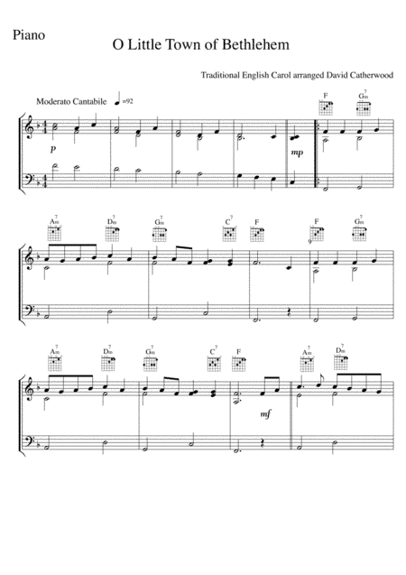 O Little Town of Bethlehem  Piano solo (with guitar chords added) arranged David Catherwood (arr. David Catherwood)