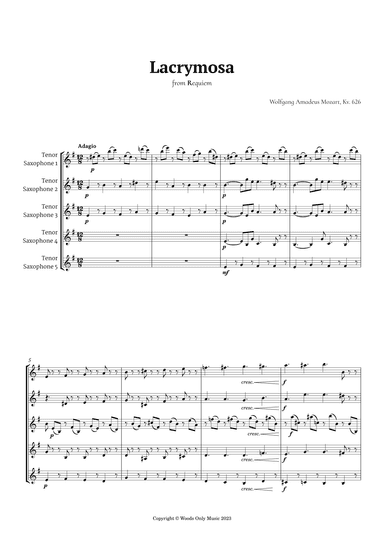 Lacrymosa by Mozart for Tenor Sax Quintet (arr. Ander)