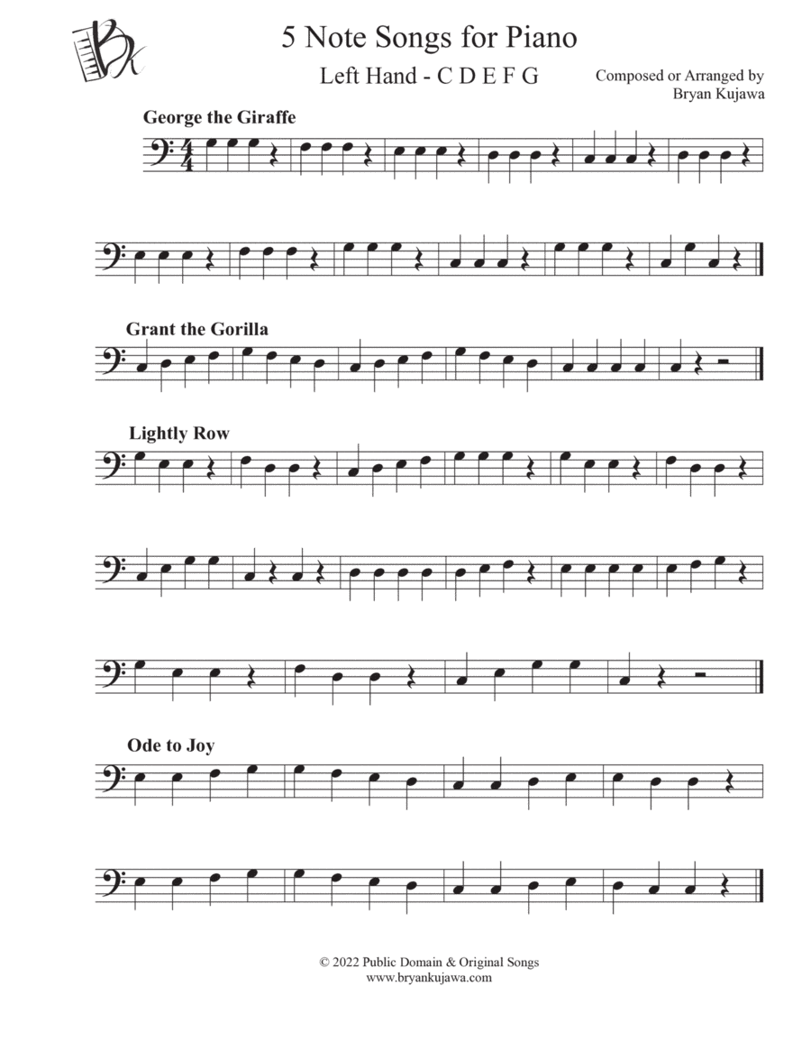 5 Note Songs for Piano (CDEFG left hand) (arr. Bryan Kujawa)
