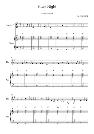 Silent Night FRENCH HORN and PIANO Sheet Music (arr. SMLStar)