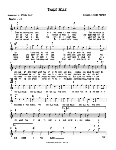 Jingle Bells - Lead sheet (melody, lyrics & chords) in key of C (arr. Stephen Bulat)