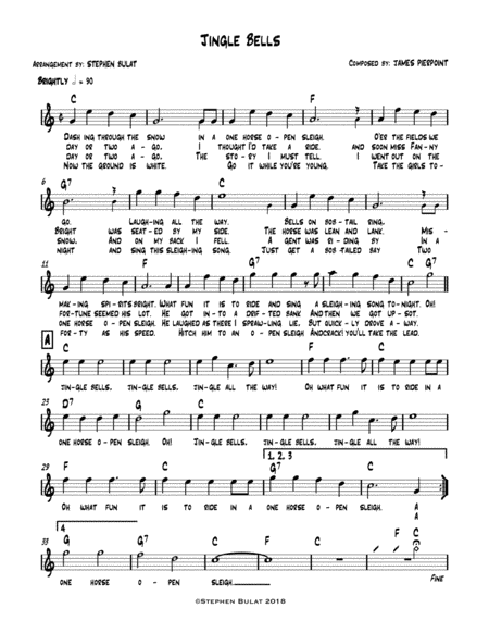 Jingle Bells - Lead sheet (melody, lyrics & chords) in key of C (arr. Stephen Bulat)