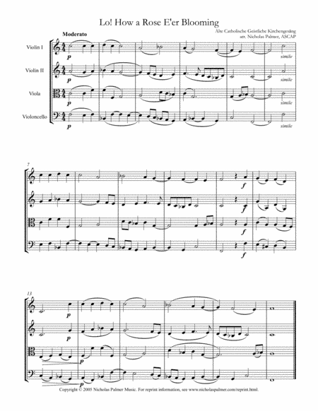 Lo! How a rose e'er blooming (Es ist ein Ros' entsprungen) - easy string quartet (arr. Nicholas Palmer)