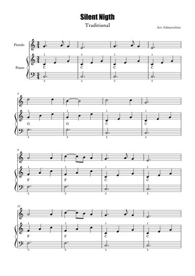 Piccolo and Piano Ver 3 Sheet Music for Christmas Song "Silent Nigth" to Intermediate with Chords (arr. Edmarcelino)