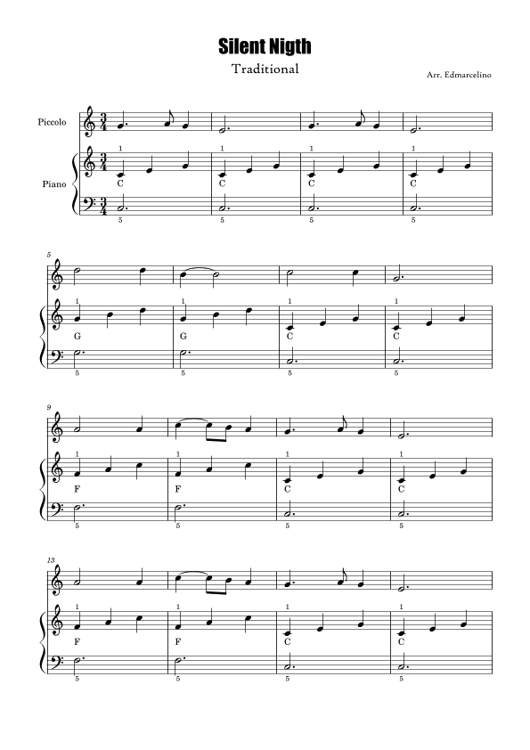 Piccolo and Piano Ver 3 Sheet Music for Christmas Song "Silent Nigth" to Intermediate with Chords (arr. Edmarcelino)