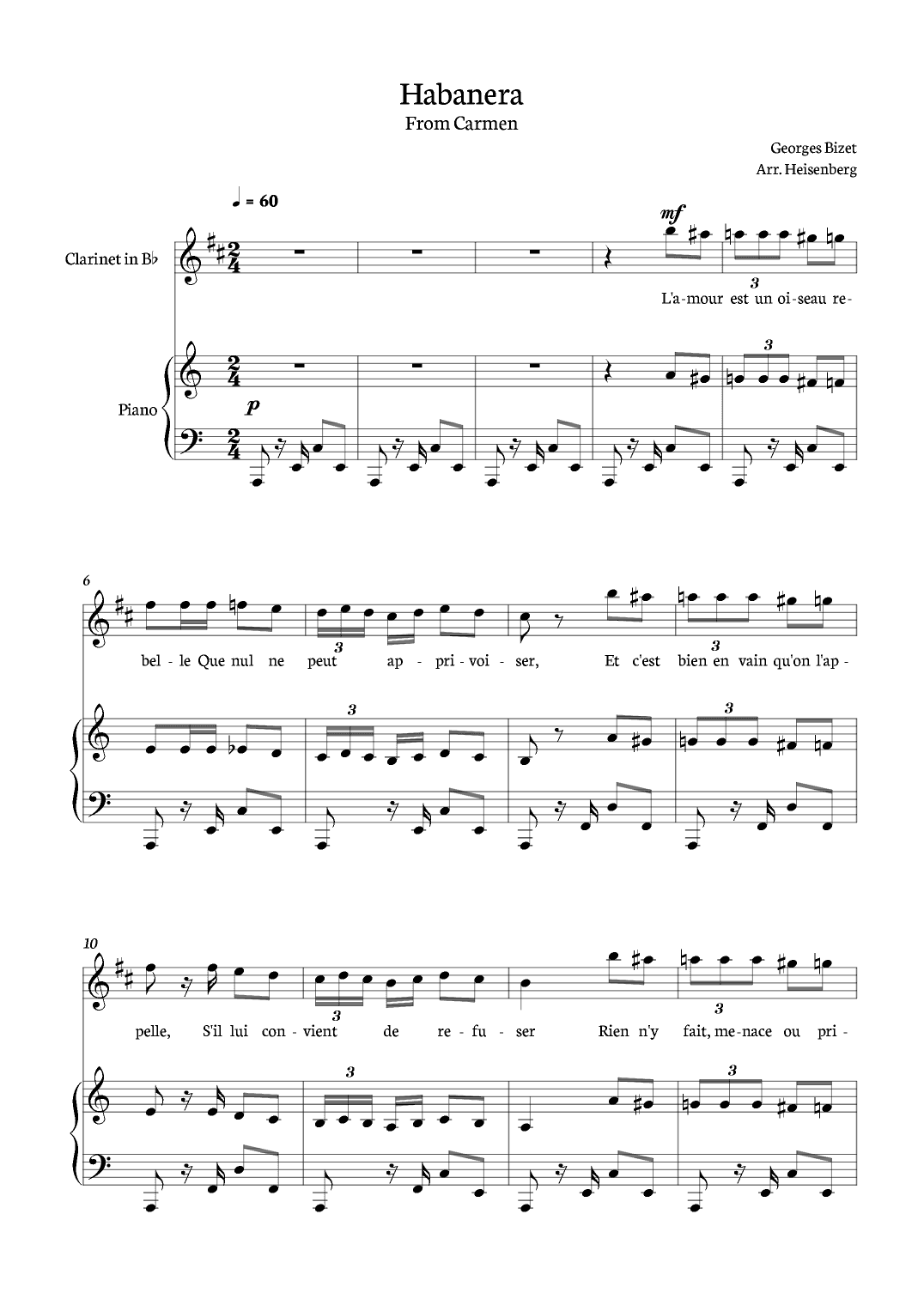 Habanera from Carmen for Clarinete with piano. (arr. Heisenberg)