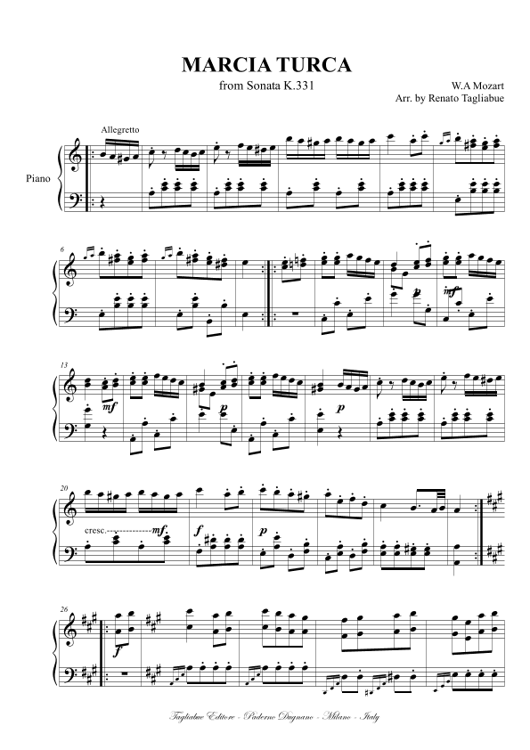 MARCIA TURCA - Kv 331 for Piano (arr. Renato Tagliabue)