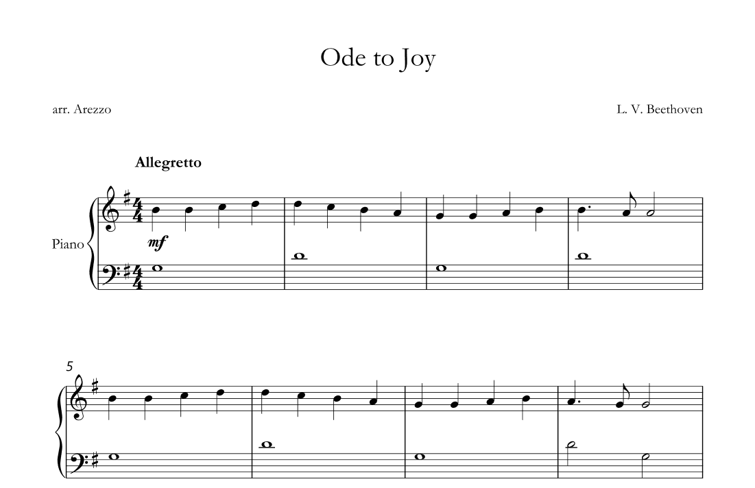 ode to joy easy piano sheet music in g major (arr. Arezzo Music)