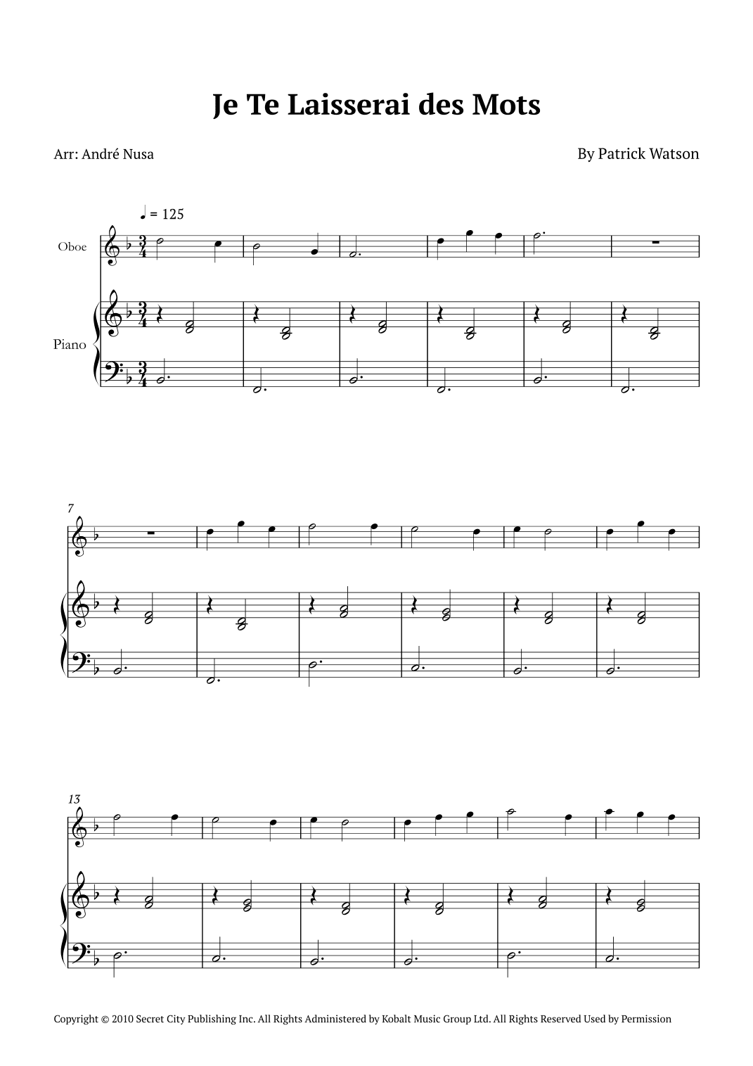 Je Te Laisserai Des Mots (arr. André Nusa)