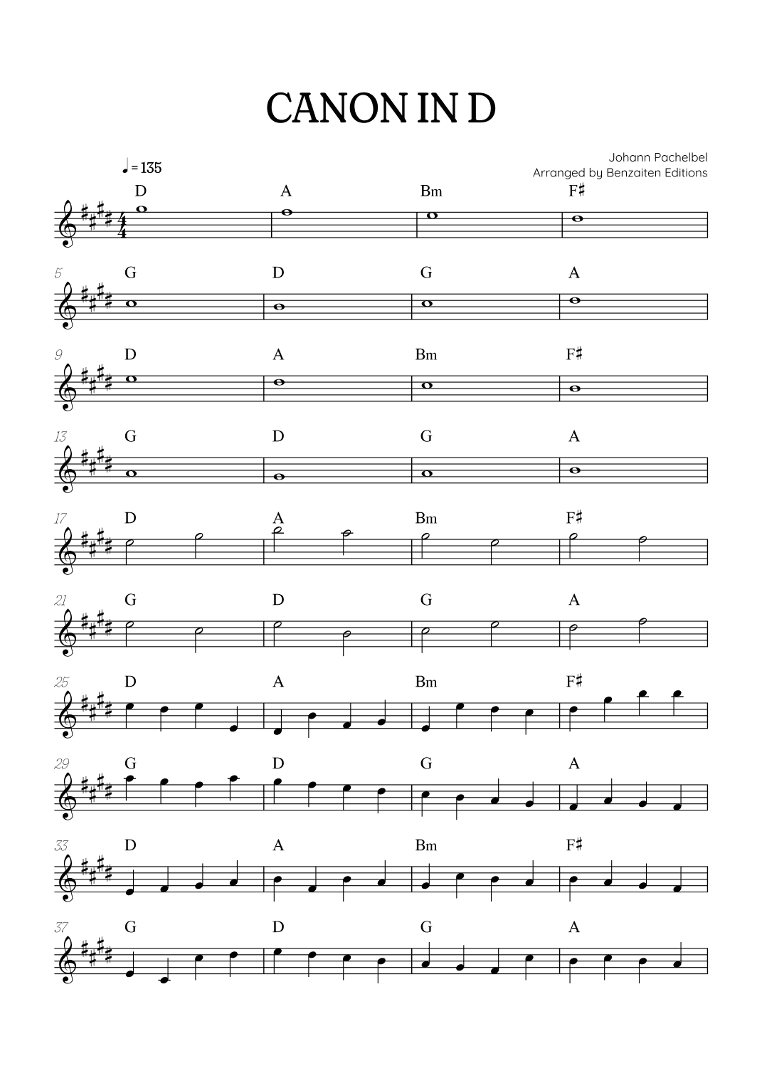 Pachelbel Canon in D • trumpet sheet music with chords (arr. Benzaiten Editions)