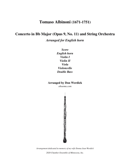 Concerto for English horn in Bb Major, Op. 9 No. 11 and String Orchestra (arr. Don Werdick (1946 - ))