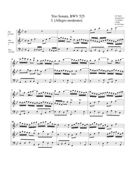 Trio sonata for organ, no.1, BWV 525 (arrangement for 3 recorders) (arr. Gil Garty)
