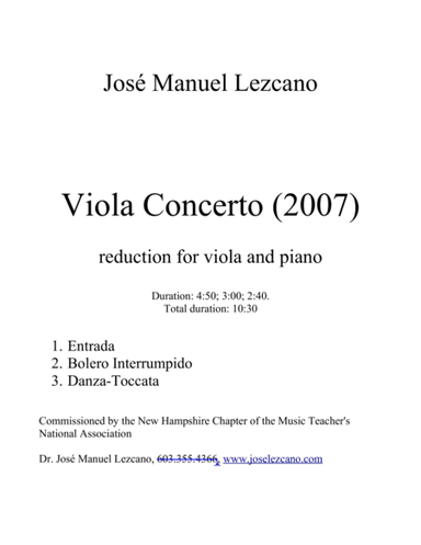 Concerto for Viola, String Orchestra, and Percussion;  reduction for Viola and Piano.