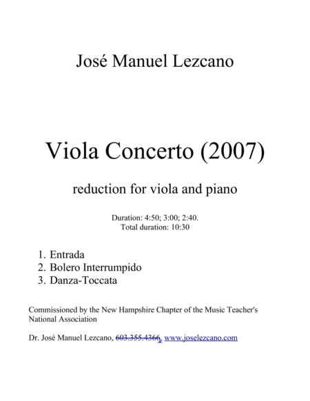 Concerto for Viola, String Orchestra, and Percussion;  reduction for Viola and Piano.