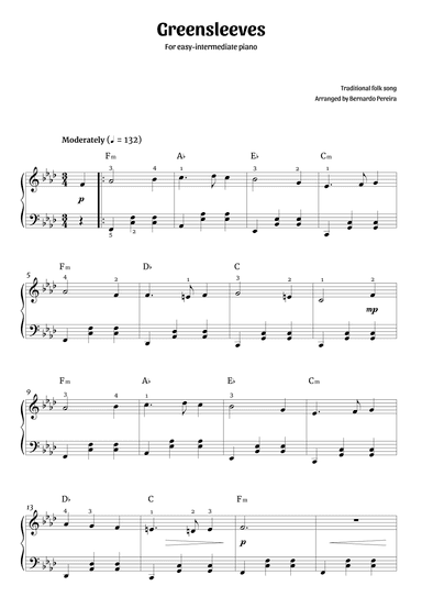 Greensleeves (easy-intermediate piano – F minor) (arr. Bernardo Pereira)