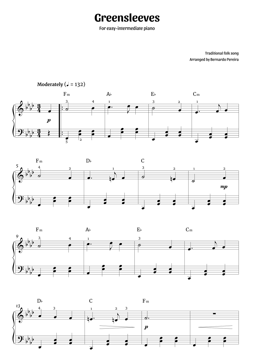 Greensleeves (easy-intermediate piano – F minor) (arr. Bernardo Pereira)