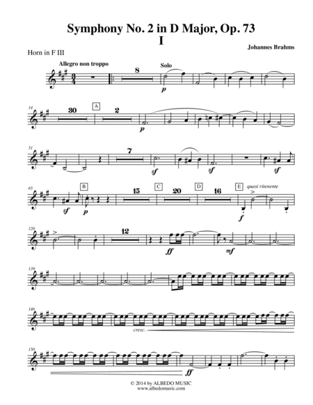 Brahms Symphony No. 2, Movement I - Horn in F 3 (Transposed Part), Op. 73 (arr. Doug Clyde)