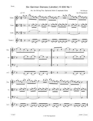 Mozart: 6 German Dances K 606 No.1 arr. for String Trio; Optional - 2nd Violin replaces the Viola (arr. D Oppenheim)
