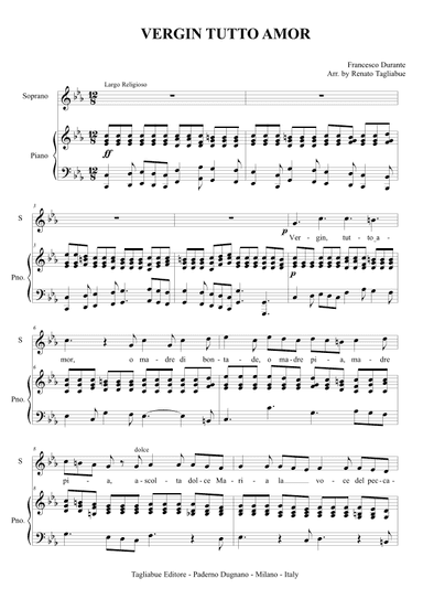 VERGIN TUTTO AMOR - For Soprano or Tenor and Piano (arr. Renato Tagliabue)