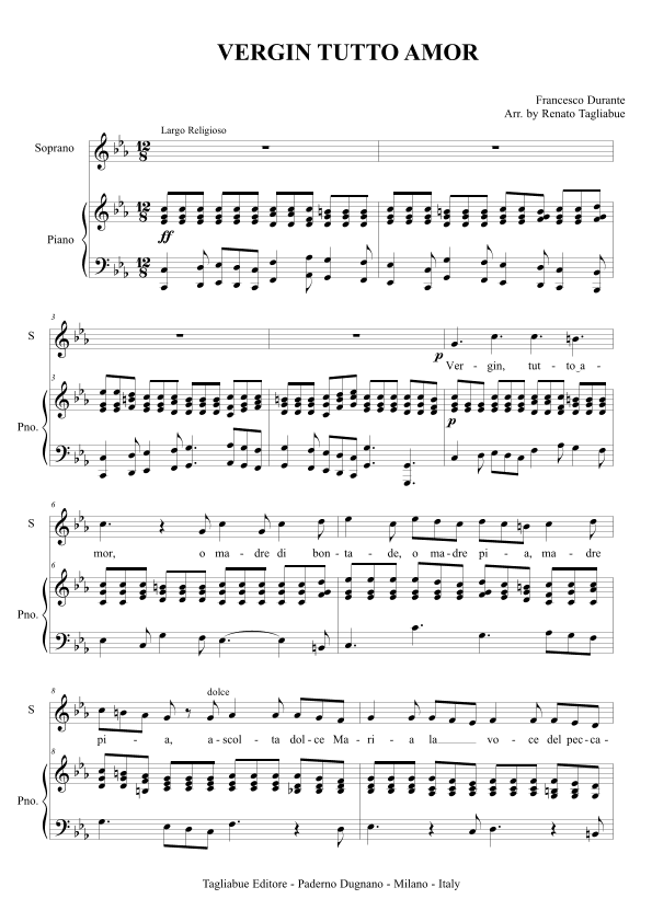 VERGIN TUTTO AMOR - For Soprano or Tenor and Piano (arr. Renato Tagliabue)