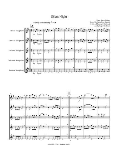 Silent Night (Bb) (Saxophone Quintet - 2 Alto, 2 Tenor, 1 Bari) (arr. Regis Bookshar)