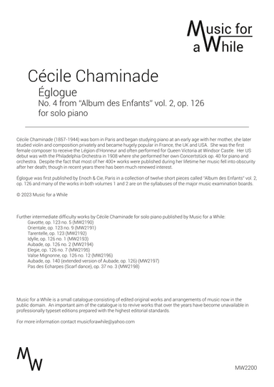 Cécile Chaminade - E´glogue op. 126 no. 4 for solo piano (arr. Music for a While)